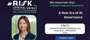 Flyer for the Risk Digital UK/EU global livestream featuring an image of Lily Li, Founder/President of Metaverse Law Corporation.