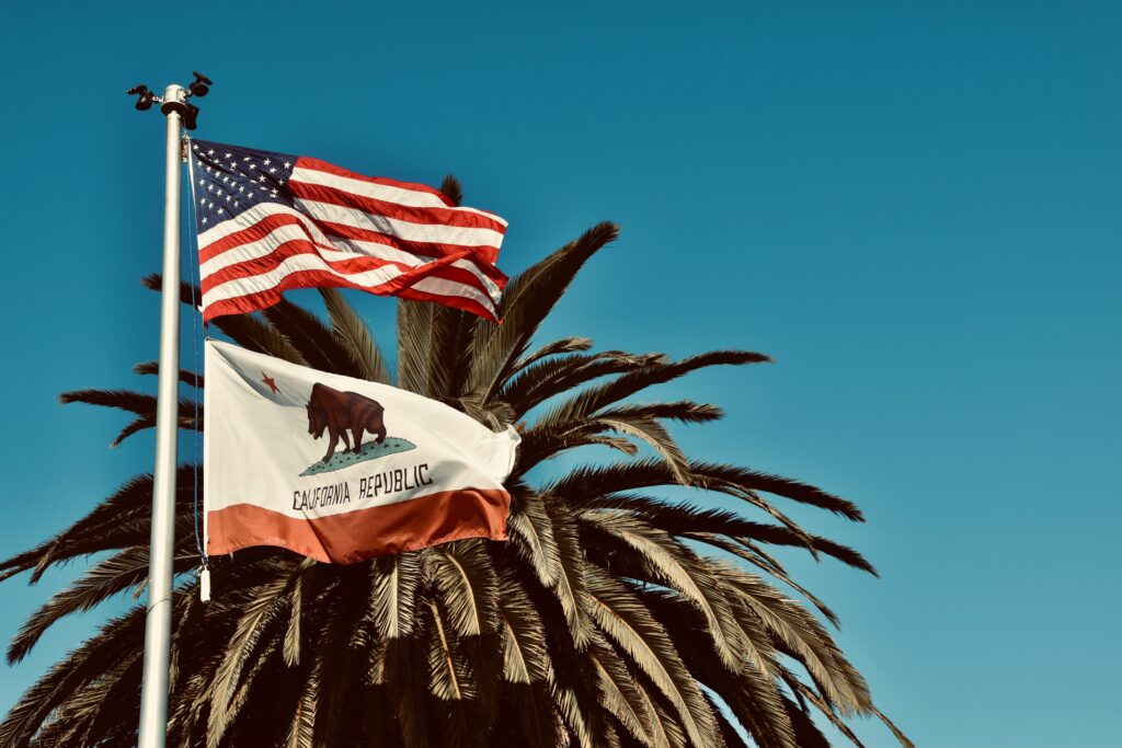 Photo of American flag and California flag on a flagpole with a palm tree in the background.