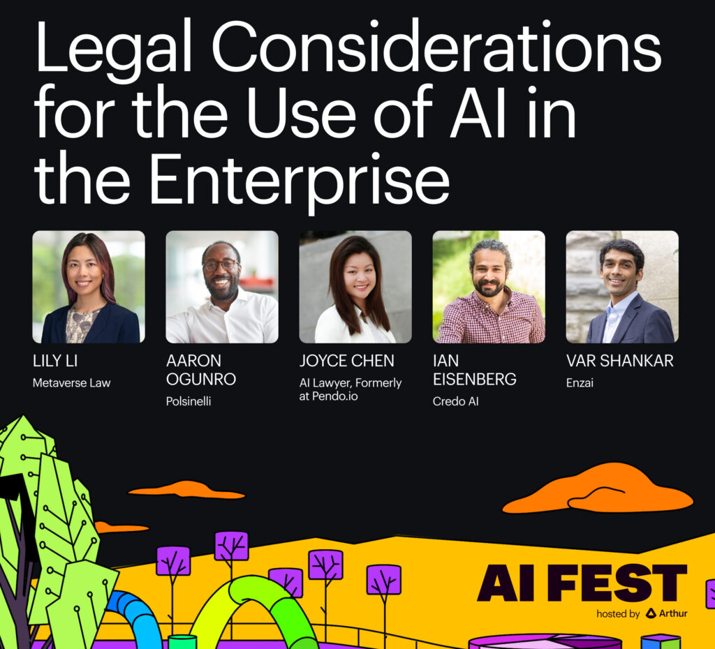 Flyer for Arthur AI Fest discussion titled "Legal Considerations for the Use of AI in the Enterprise."