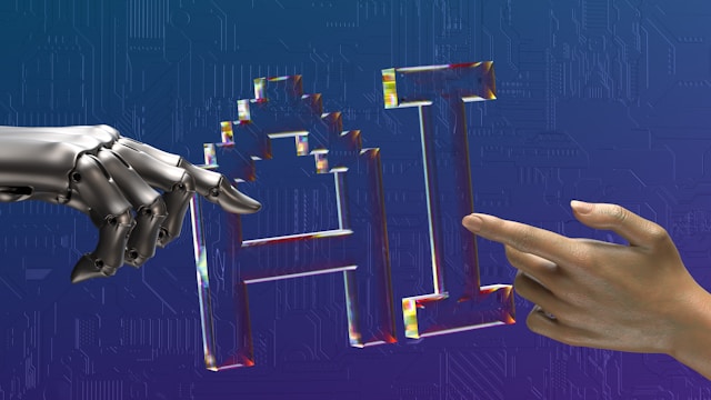 Robotic hand and human hand pointing toward each other with the letters "AI" in between them.