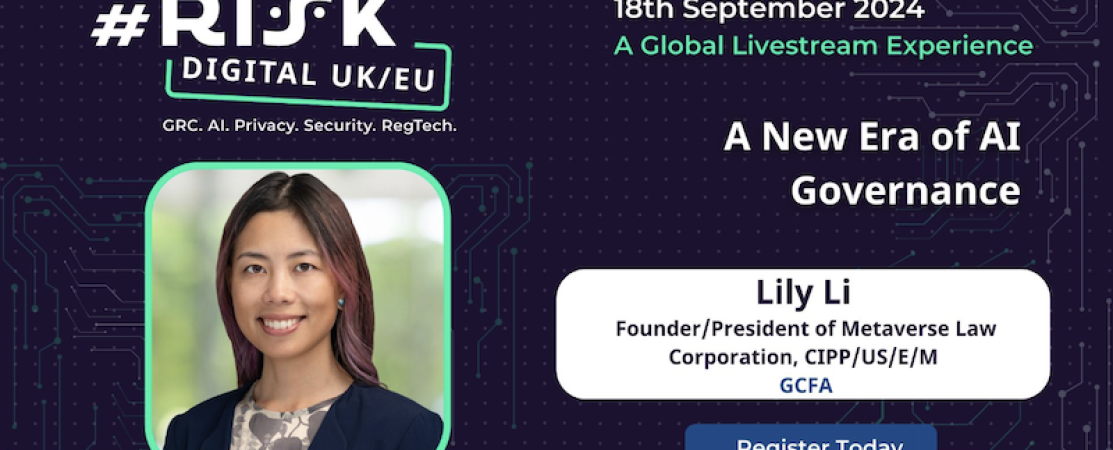 Flyer for the Risk Digital UK/EU global livestream featuring an image of Lily Li, Founder/President of Metaverse Law Corporation.